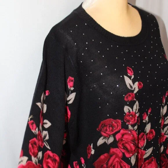 Rebecca Malone Woman Red and Tan Roses on a Black Crew Neck Sweater - Picture 4 of 14